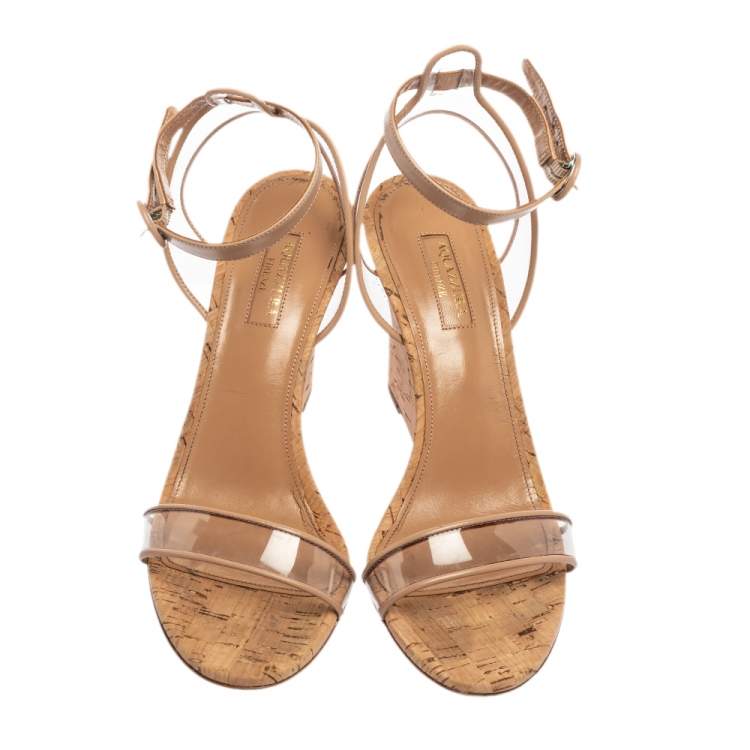 Pre Owned Aquazzura Beige PVC and Leather Trim Minimalist Cork Wedge Ankle Strap Sandals Size 38.5
