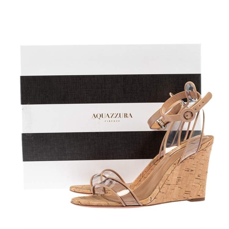 Pre Owned Aquazzura Beige PVC and Leather Trim Minimalist Cork Wedge Ankle Strap Sandals Size 38.5