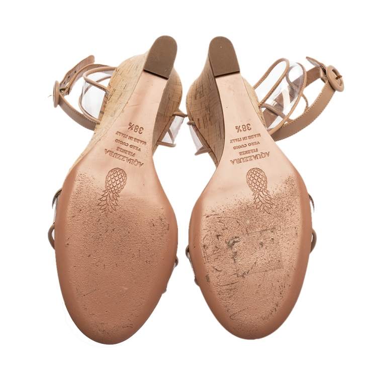 Pre Owned Aquazzura Beige PVC and Leather Trim Minimalist Cork Wedge Ankle Strap Sandals Size 38.5