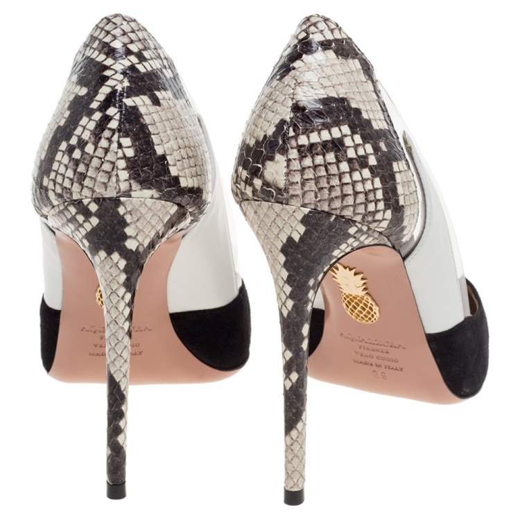 Pre Owned Aquazzura Black/White Suede, Leather, PVC and Snakeskin Fearless Pumps Size 39