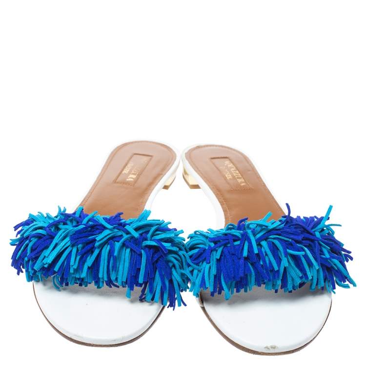 Pre Owned Aquazzura White/Blue Suede Wild Thing Fringed Flats Slides Size 36