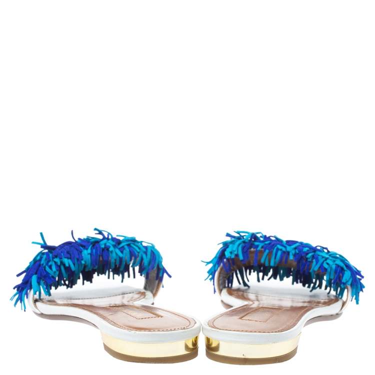 Pre Owned Aquazzura White/Blue Suede Wild Thing Fringed Flats Slides Size 36