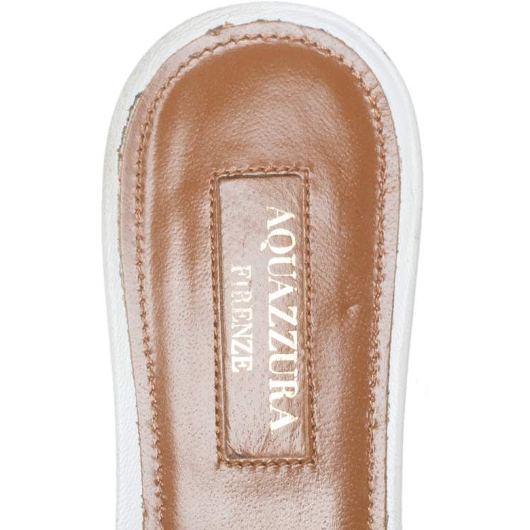 Pre Owned Aquazzura White/Blue Suede Wild Thing Fringed Flats Slides Size 36