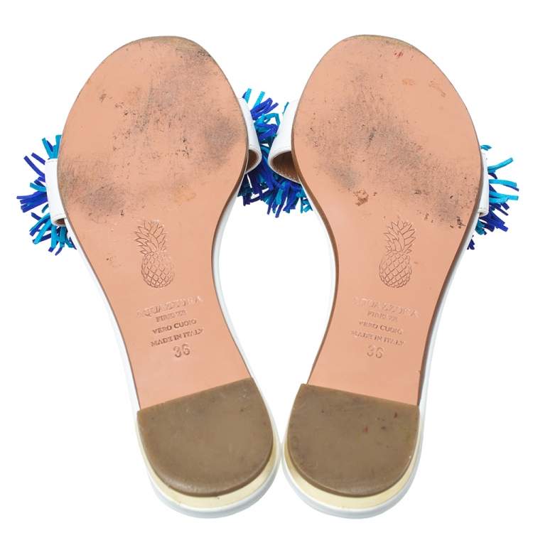 Pre Owned Aquazzura White/Blue Suede Wild Thing Fringed Flats Slides Size 36