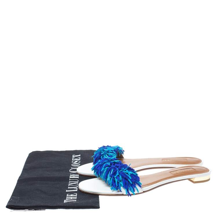 Pre Owned Aquazzura White/Blue Suede Wild Thing Fringed Flats Slides Size 36