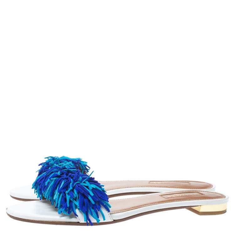 Pre Owned Aquazzura White/Blue Suede Wild Thing Fringed Flats Slides Size 36