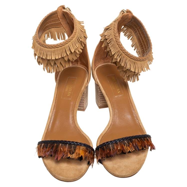 Pre Owned Aquazzura Beige Suede Fringe And Feather Open Toe Ankle strap Sandals Size 36