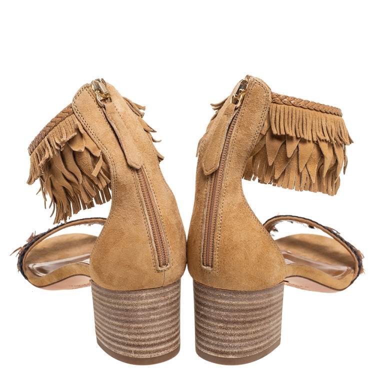 Pre Owned Aquazzura Beige Suede Fringe And Feather Open Toe Ankle strap Sandals Size 36
