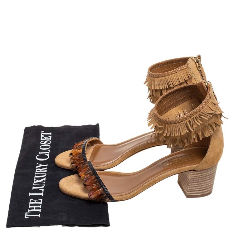 Pre Owned Aquazzura Beige Suede Fringe And Feather Open Toe Ankle strap Sandals Size 36