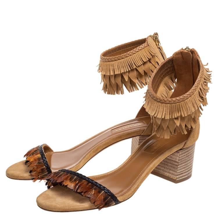 Pre Owned Aquazzura Beige Suede Fringe And Feather Open Toe Ankle strap Sandals Size 36