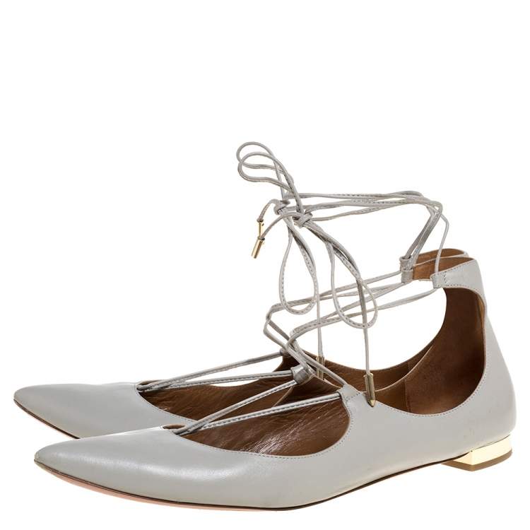 Pre Owned Aquazzura Grey Leather Christie Ankle Wrap Pointed Toe Flats Size 41