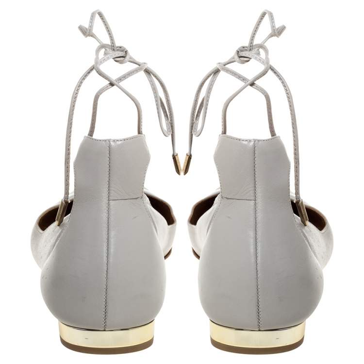 Pre Owned Aquazzura Grey Leather Christie Ankle Wrap Pointed Toe Flats Size 41