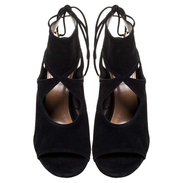 Pre Owned Aquazzura Black Suede Sexy Thing Tie Up Sandals Size 39