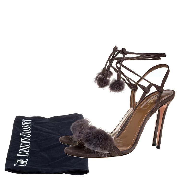 Pre Owned Aquazzura Grey Mink Fur and Suede Wild Russian Ankle Wrap Sandals Size 39
