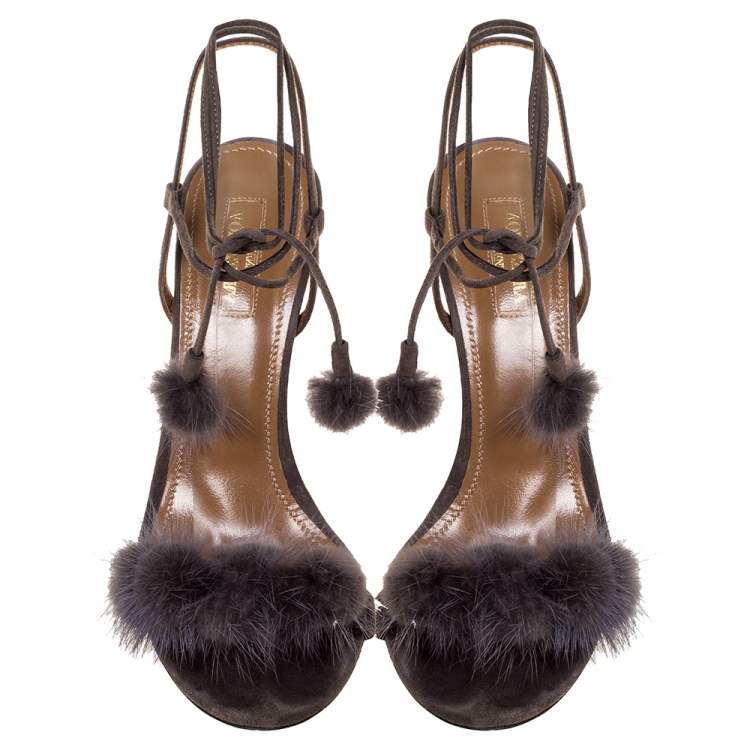 Pre Owned Aquazzura Grey Mink Fur and Suede Wild Russian Ankle Wrap Sandals Size 39