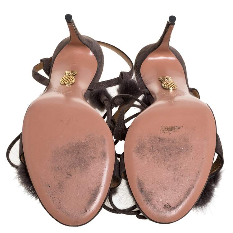 Pre Owned Aquazzura Grey Mink Fur and Suede Wild Russian Ankle Wrap Sandals Size 39