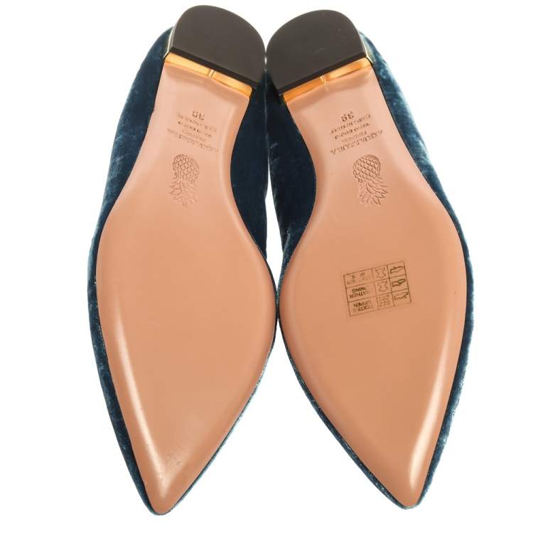 Pre Owned Aquazzura Blue Velvet Nolita Studded Mary Jane Ballet Flats Size 39