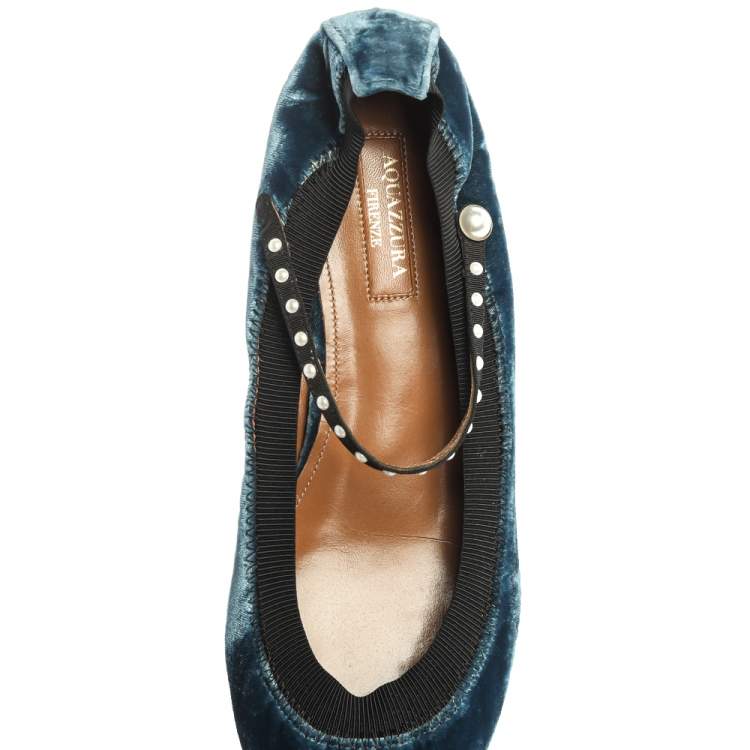 Pre Owned Aquazzura Blue Velvet Nolita Studded Mary Jane Ballet Flats Size 39
