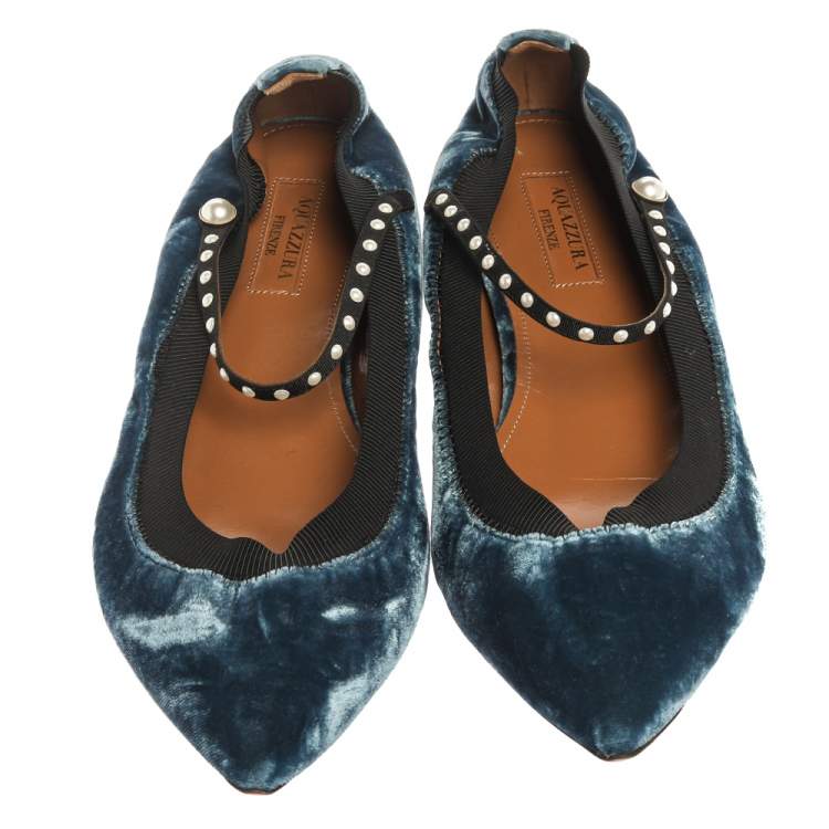 Pre Owned Aquazzura Blue Velvet Nolita Studded Mary Jane Ballet Flats Size 39