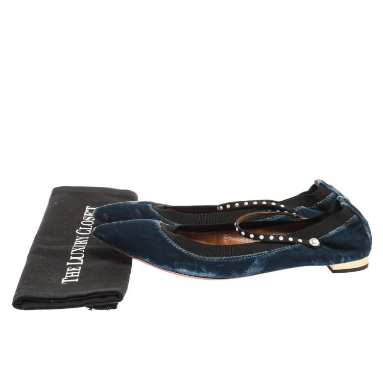 Pre Owned Aquazzura Blue Velvet Nolita Studded Mary Jane Ballet Flats Size 39