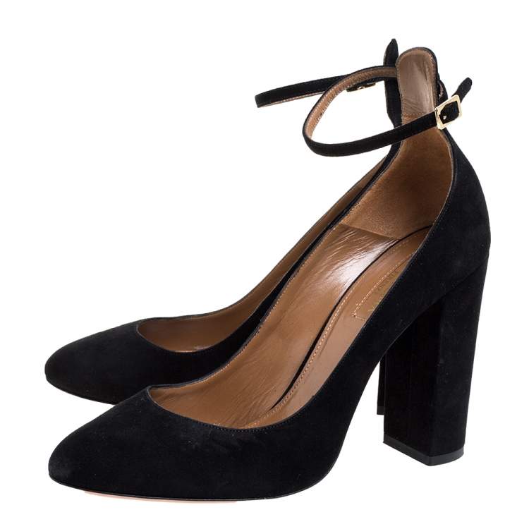 Pre Owned Aquazzura Black Suede Alix Ankle Strap Block Heel Pumps Size 38