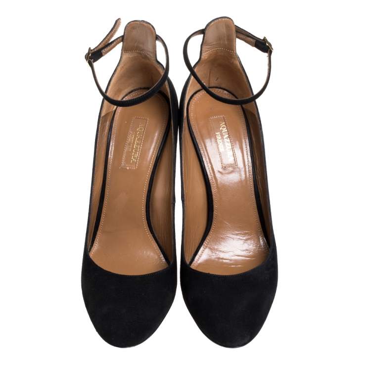 Pre Owned Aquazzura Black Suede Alix Ankle Strap Block Heel Pumps Size 38