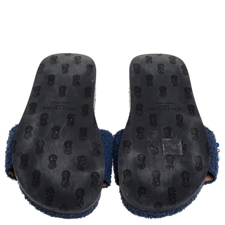 Pre Owned Aquazzura Blue Cotton Fabric Bon Bon Embellished Flat Slides Size 38