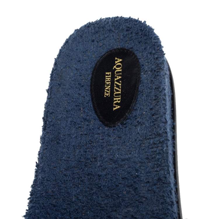 Pre Owned Aquazzura Blue Cotton Fabric Bon Bon Embellished Flat Slides Size 38