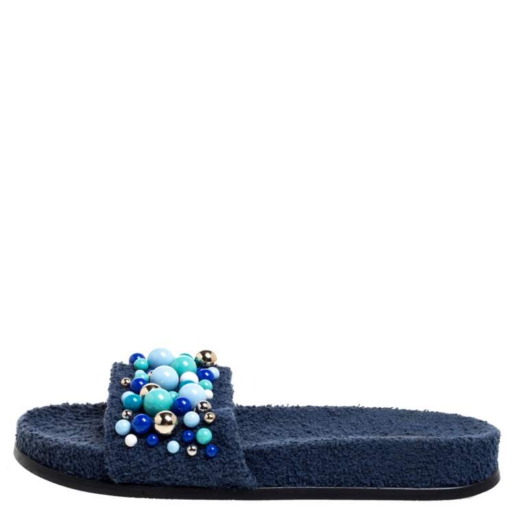 Pre Owned Aquazzura Blue Cotton Fabric Bon Bon Embellished Flat Slides Size 38
