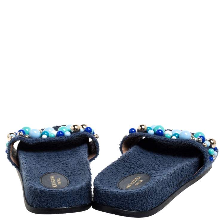 Pre Owned Aquazzura Blue Cotton Fabric Bon Bon Embellished Flat Slides Size 38