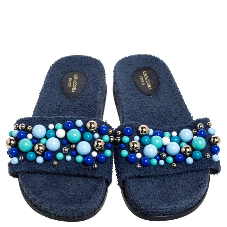 Pre Owned Aquazzura Blue Cotton Fabric Bon Bon Embellished Flat Slides Size 38