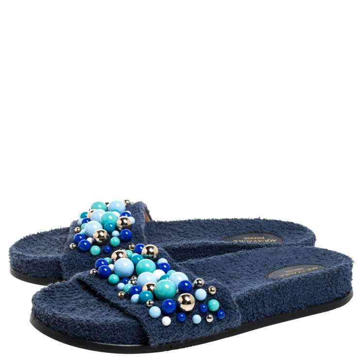 Pre Owned Aquazzura Blue Cotton Fabric Bon Bon Embellished Flat Slides Size 38