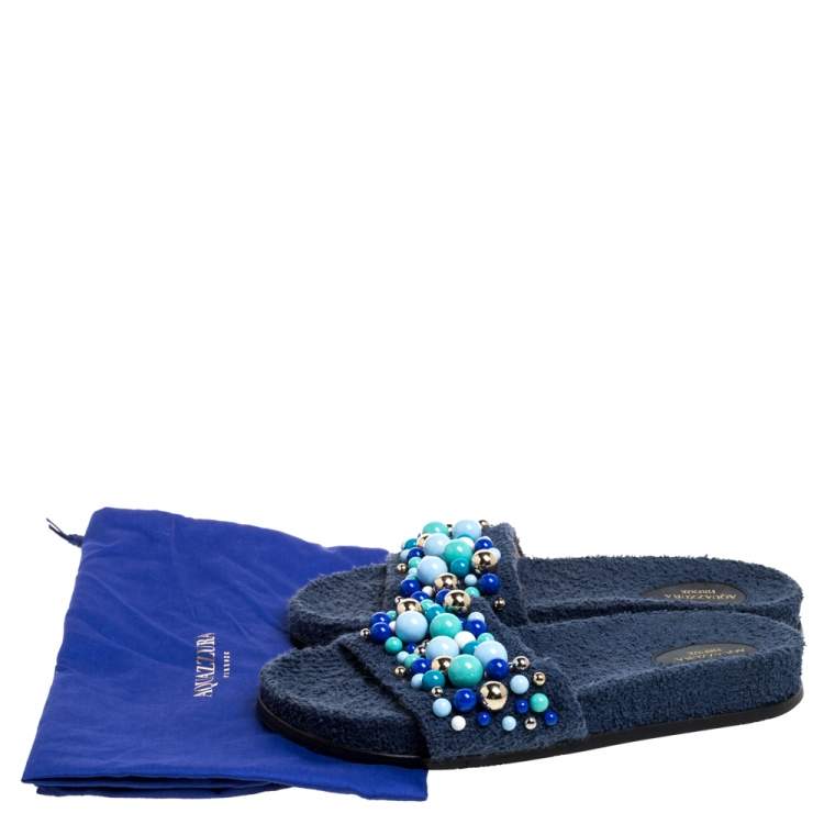 Pre Owned Aquazzura Blue Cotton Fabric Bon Bon Embellished Flat Slides Size 38