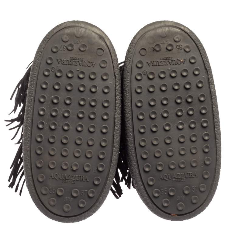 Pre Owned Aquazzura Black Suede Fringe Detail Lace Up Boho Karlie Boots Size 37