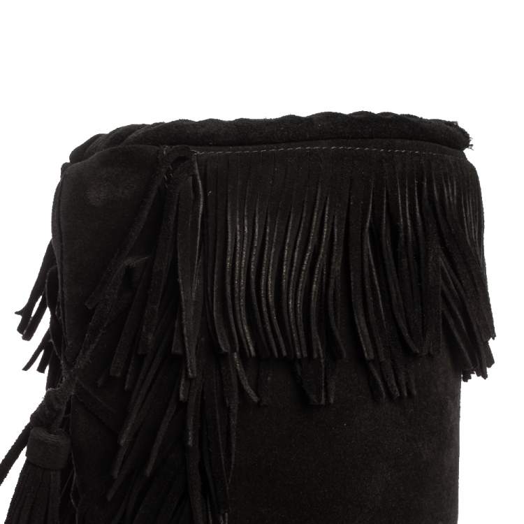 Pre Owned Aquazzura Black Suede Fringe Detail Lace Up Boho Karlie Boots Size 37