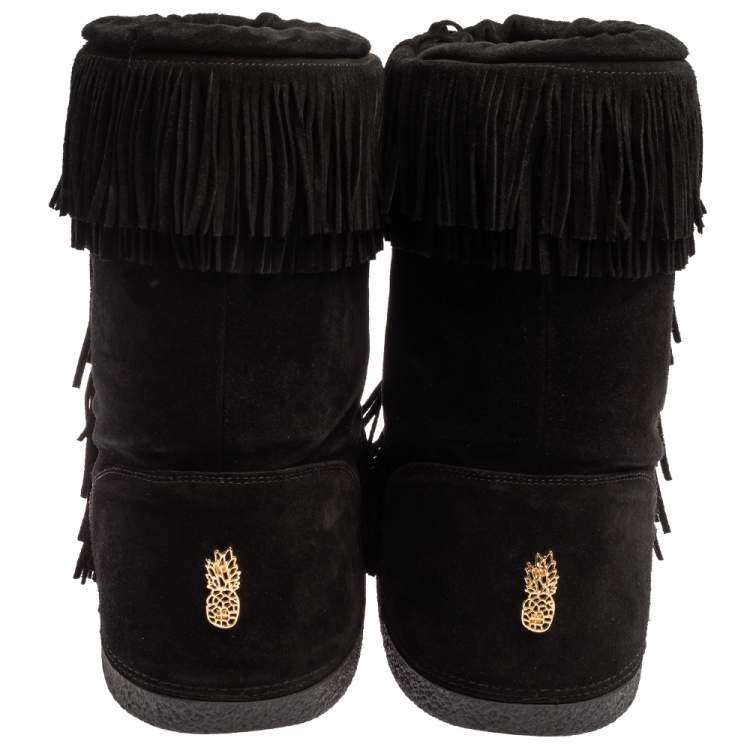 Pre Owned Aquazzura Black Suede Fringe Detail Lace Up Boho Karlie Boots Size 37