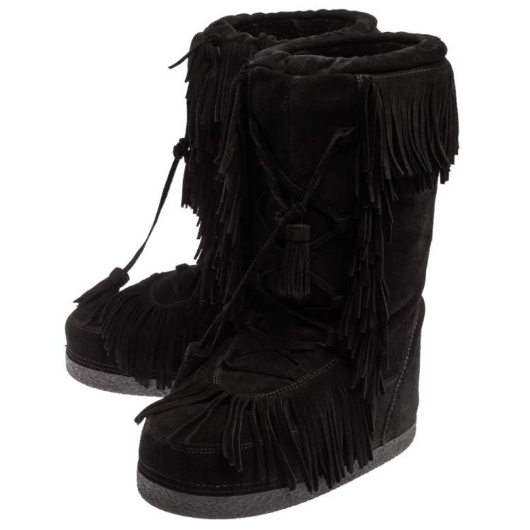 Pre Owned Aquazzura Black Suede Fringe Detail Lace Up Boho Karlie Boots Size 37