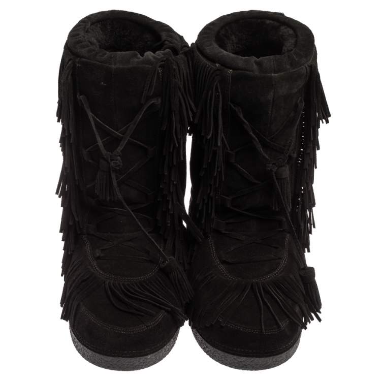 Pre Owned Aquazzura Black Suede Fringe Detail Lace Up Boho Karlie Boots Size 37