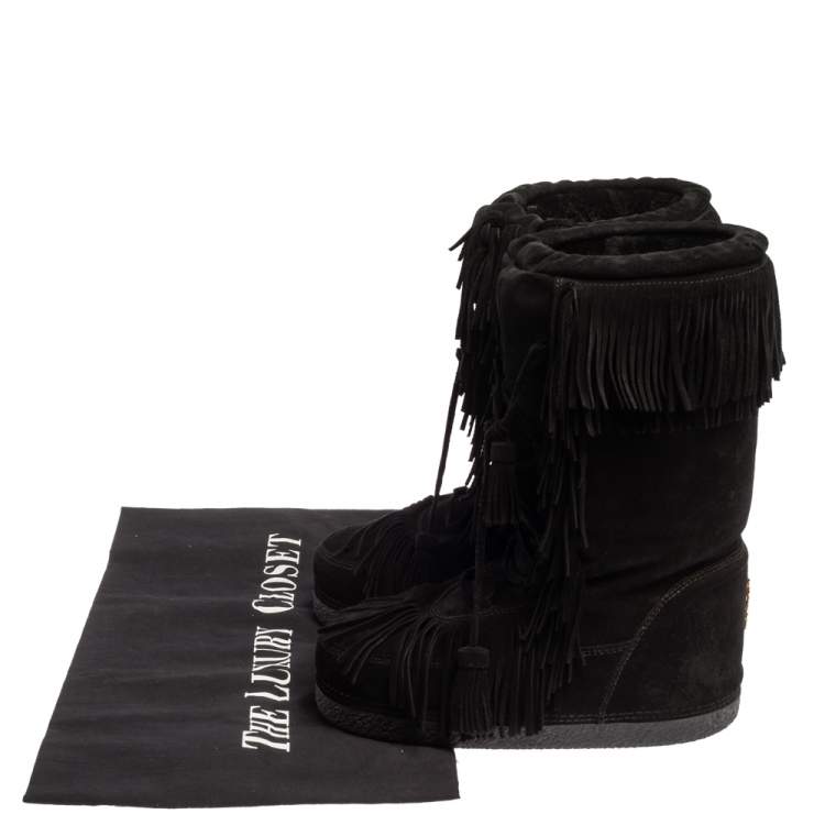 Pre Owned Aquazzura Black Suede Fringe Detail Lace Up Boho Karlie Boots Size 37