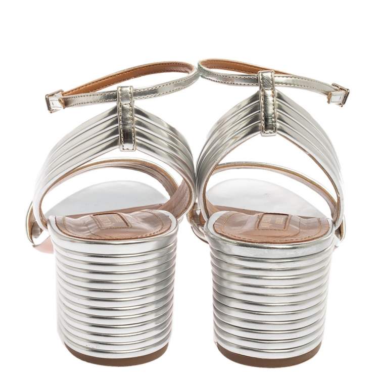 Pre Owned Aquazzura Silver Mirror Leather Sundance Block Heel Sandals Size 41