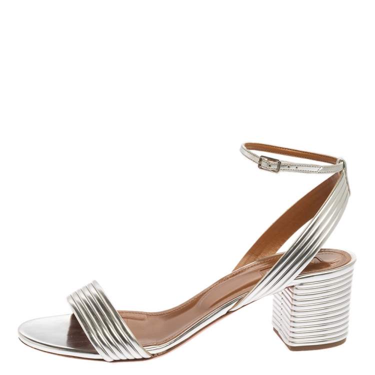 Pre Owned Aquazzura Silver Mirror Leather Sundance Block Heel Sandals Size 41