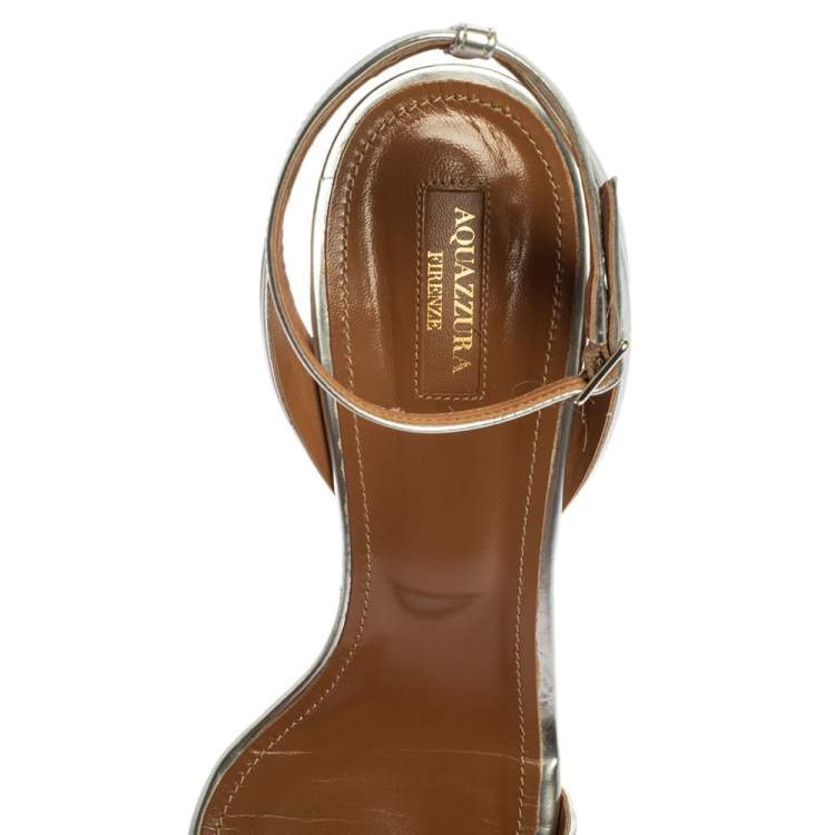 Pre Owned Aquazzura Silver Mirror Leather Sundance Block Heel Sandals Size 41