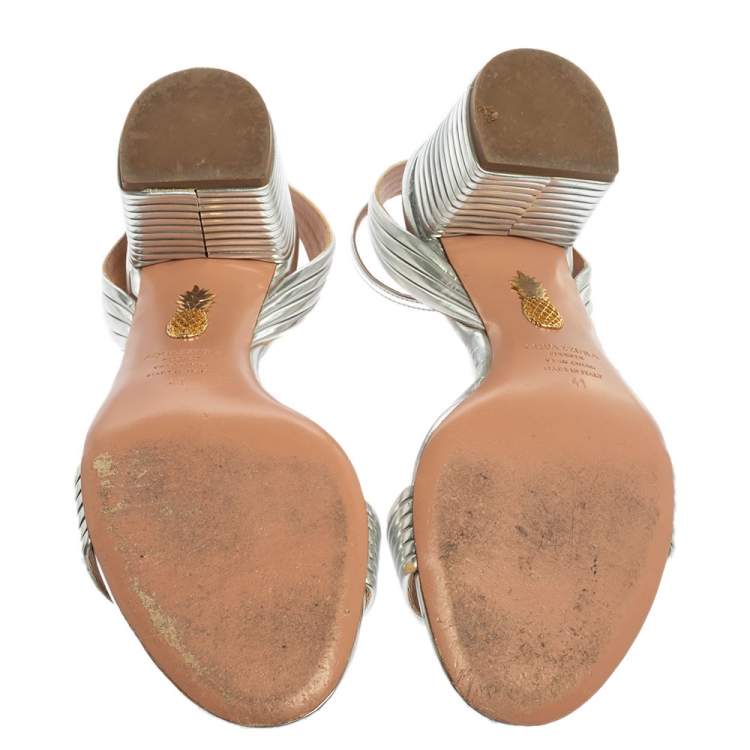 Pre Owned Aquazzura Silver Mirror Leather Sundance Block Heel Sandals Size 41