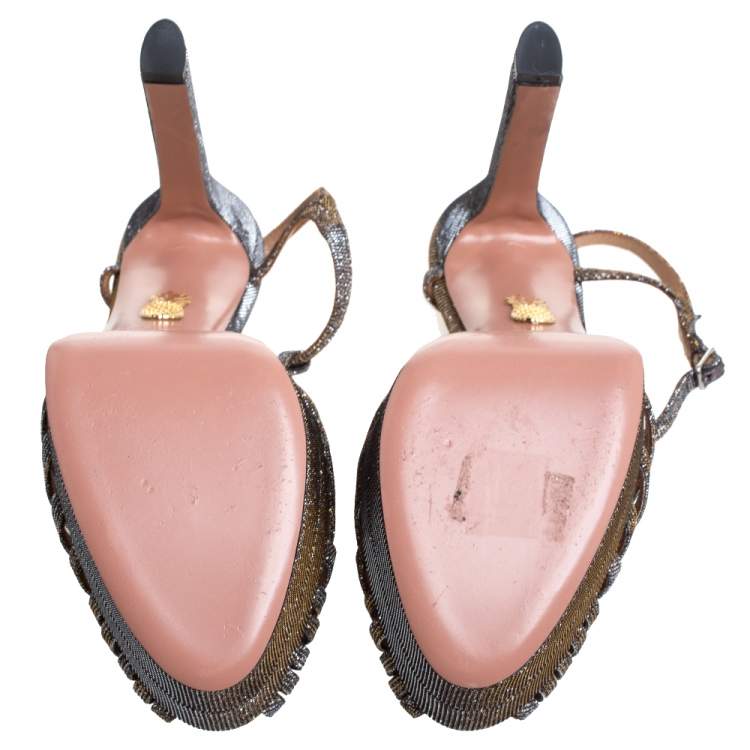 Pre Owned Aquazzura Mettalic Lurex Fabric Strappy Platform Ankle Strap Sandals Size 38.5