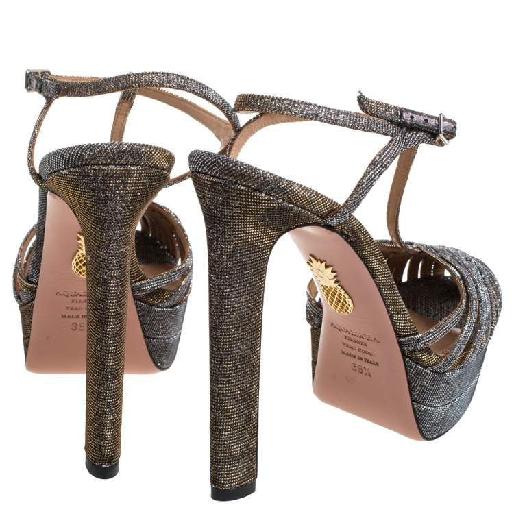 Pre Owned Aquazzura Mettalic Lurex Fabric Strappy Platform Ankle Strap Sandals Size 38.5