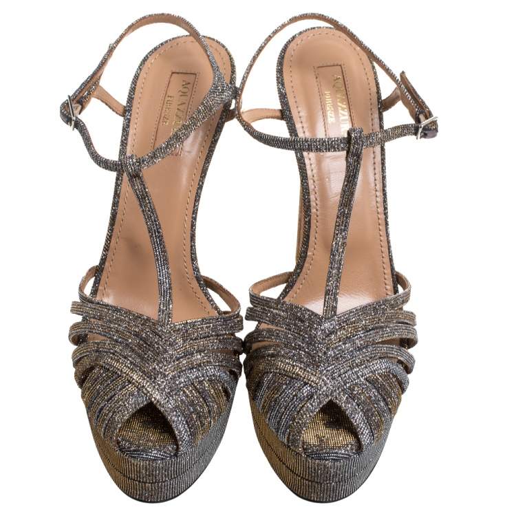 Pre Owned Aquazzura Mettalic Lurex Fabric Strappy Platform Ankle Strap Sandals Size 38.5