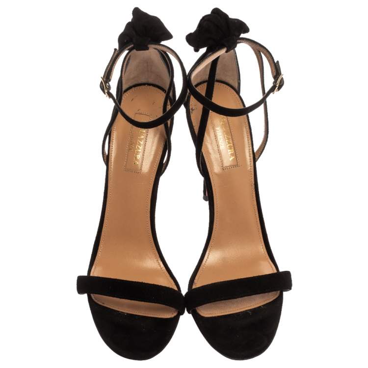 Pre Owned Aquazzura Black Suede Leather Bow Ankle Cuff Sandals Size 36
