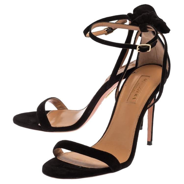 Pre Owned Aquazzura Black Suede Leather Bow Ankle Cuff Sandals Size 36