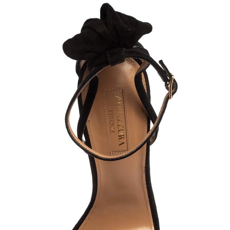 Pre Owned Aquazzura Black Suede Leather Bow Ankle Cuff Sandals Size 36