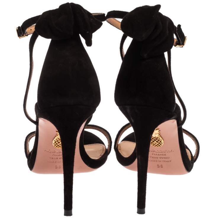 Pre Owned Aquazzura Black Suede Leather Bow Ankle Cuff Sandals Size 36